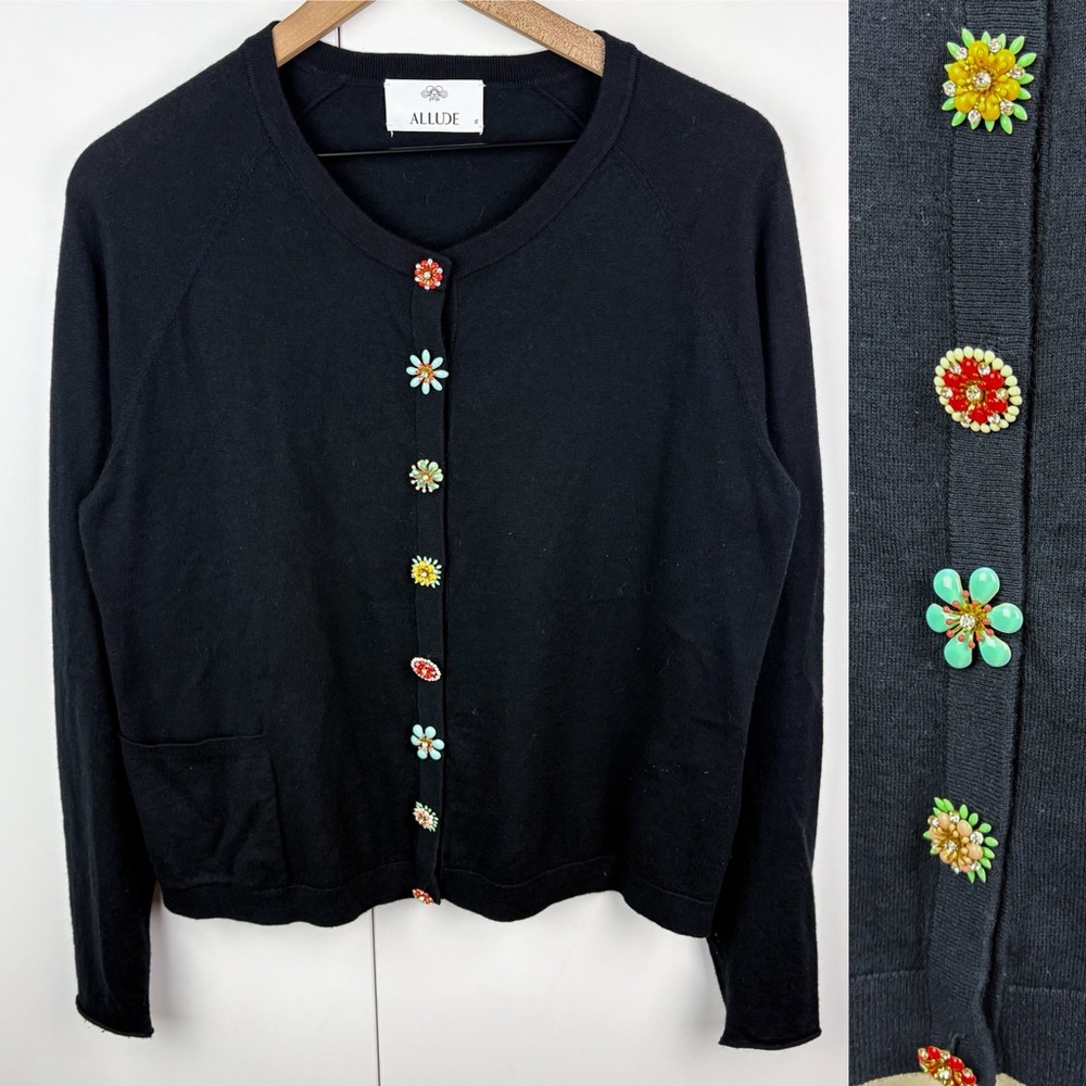 Allude Cashmere Cotton Flower Floral Embellished Buttons Cardigan Sweater Black